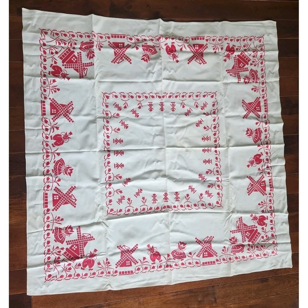 Vtg cotton printed tablecloth red dutch girl boy windmill tulip floral 47 x 46.5